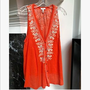 Joie Cotton Gauze Orange Embroidered Tank Top